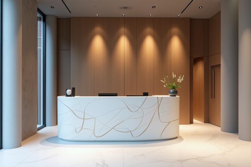 Moderne kontorlobby i Oslo med minimalistisk design og innslag av kalligrafisk belysning